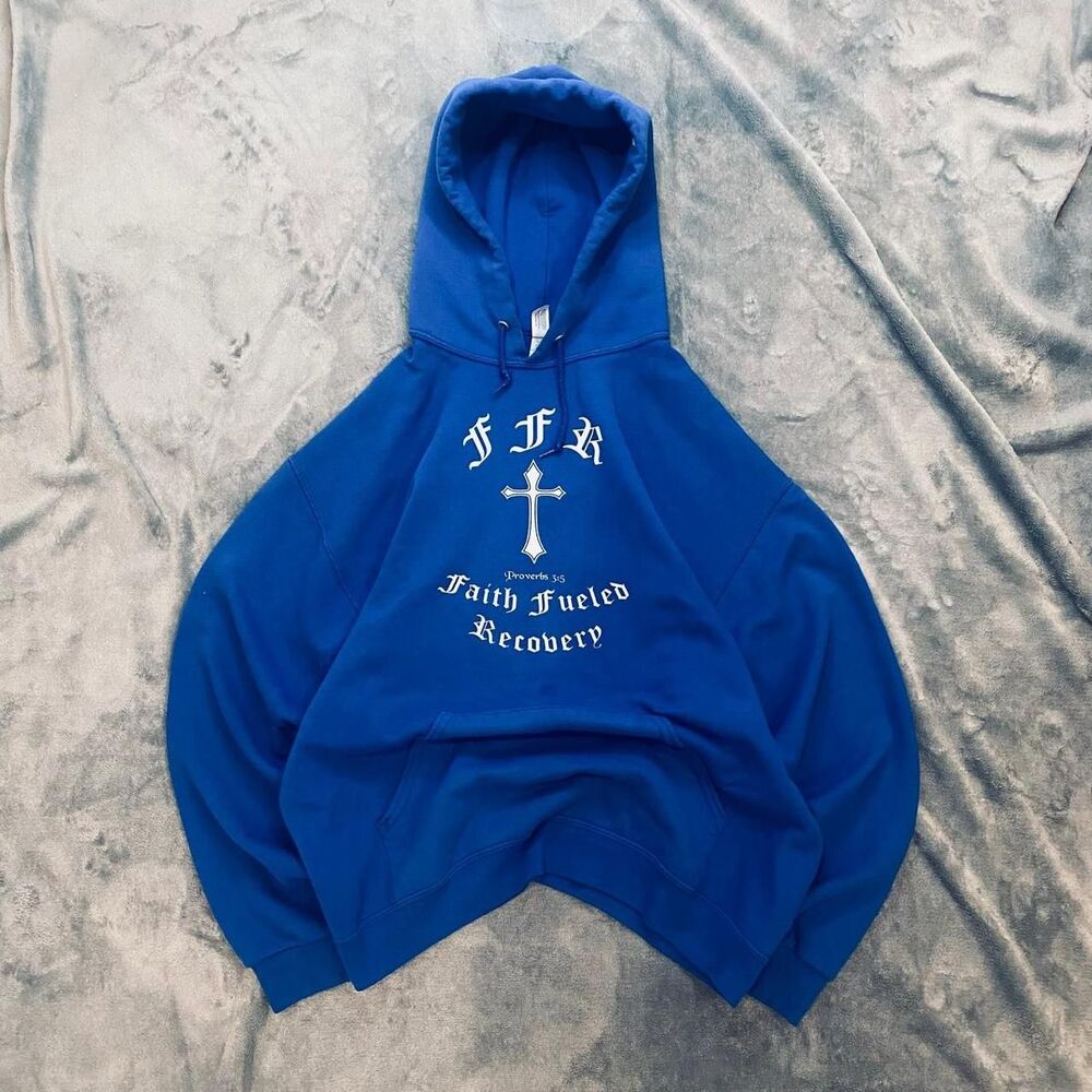Jerzees Blue Faith Fueled Recovery Cross Hoodie Graphic Pullover Size L